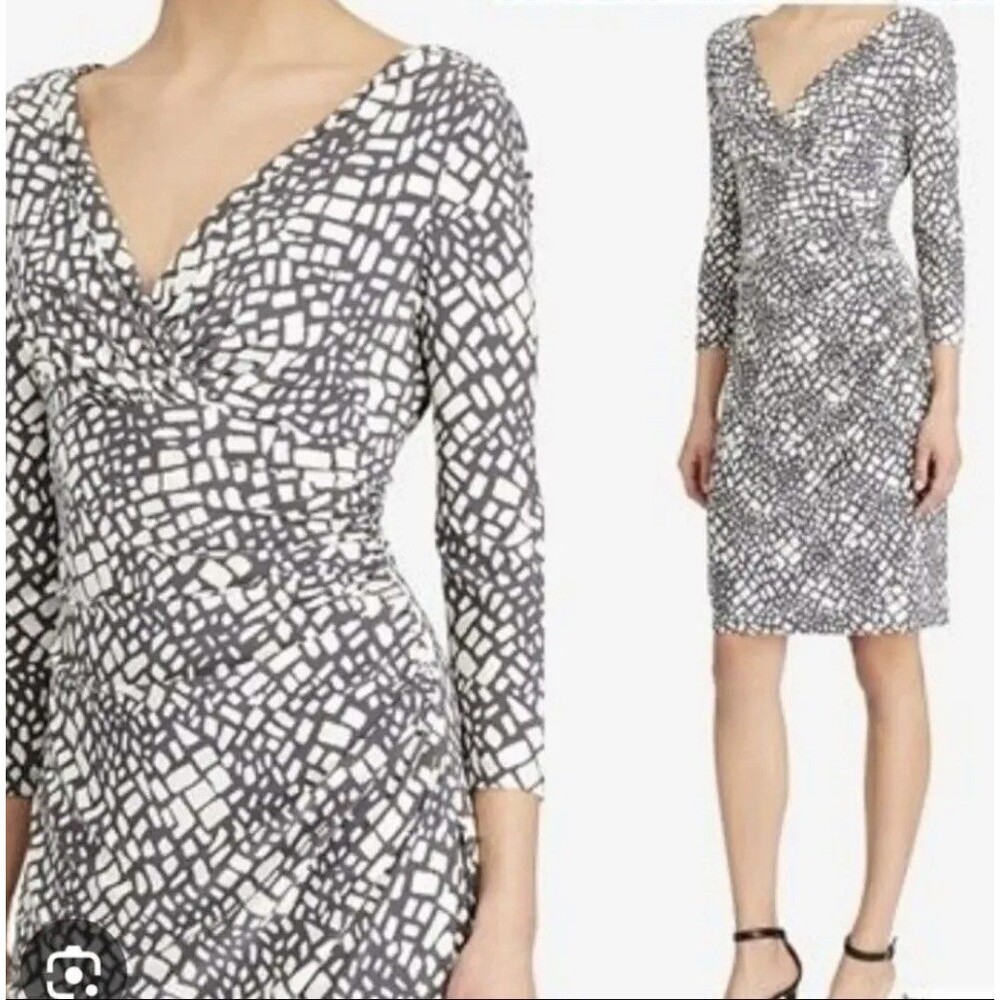 Lauren Ralph Women's Faux Wrap Sheath Dress 14 business casual wedding geometric